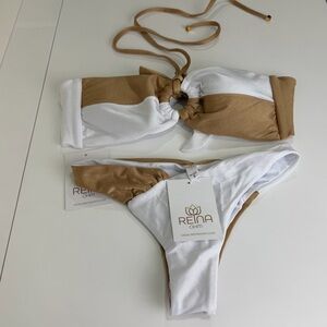 Reina Olga Free People Gold White Knot Bandeau Bikini Set Eurocore S NWT